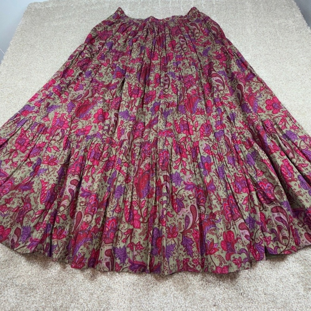 Krazy Kat Womens XL Paisley Floral Tiered Maxi Skirt Cotton Boho Olive Pink